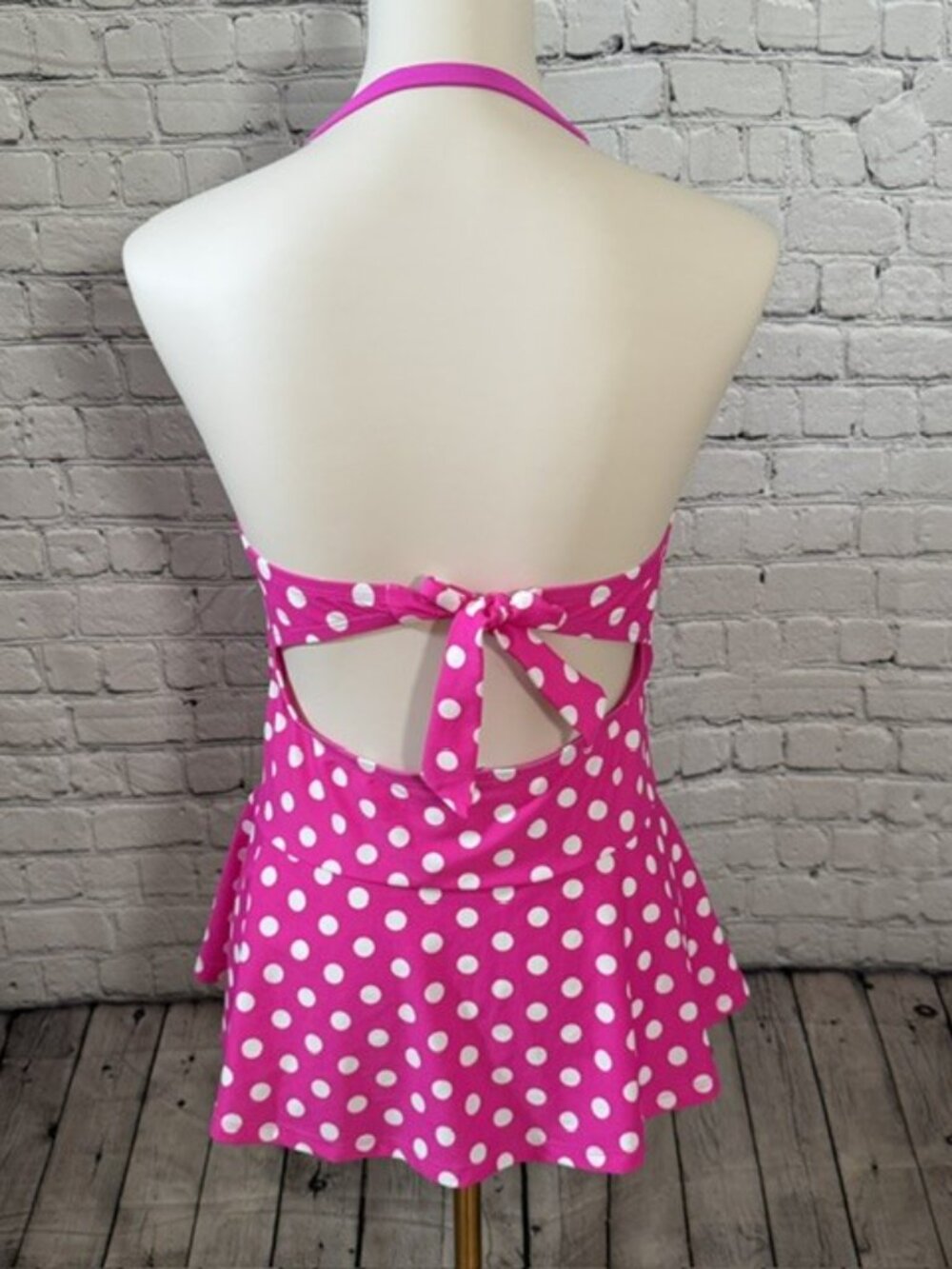 Crown & Ivy Pink White Polka Dot Peplum Tankini Top Bandeau L NWOT - Picture 3 of 6